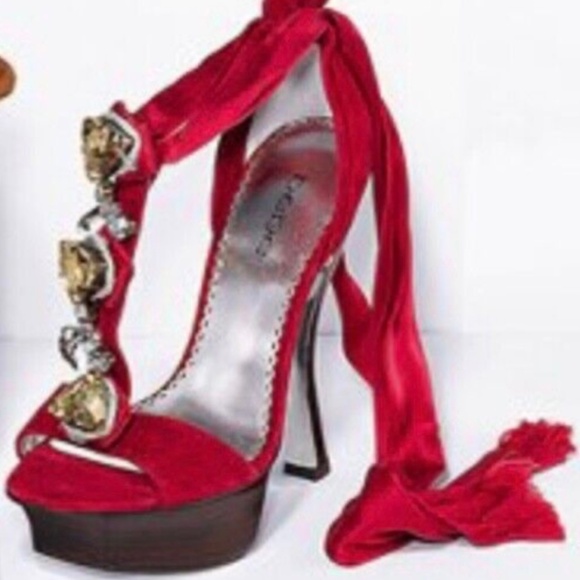 NEW IN BOX Bebe Platform JEWELS ! Ribbons Shoes w Stiletto Heels 8.5 RED LEATHER - Picture 1 of 9